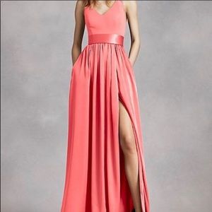 David’s Bridal V-Neck Halter Gown w/ Sash